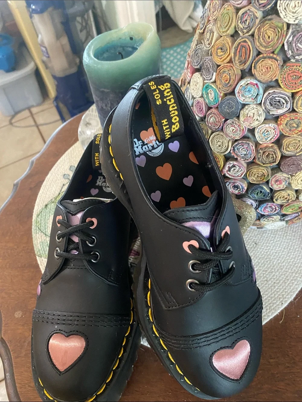 Dr. Martens Black Leather Platform Oxfords with Pink Heart Cutouts